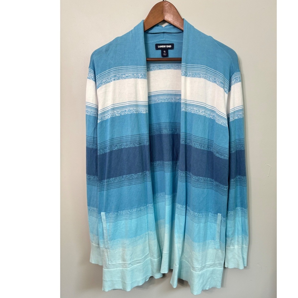 Lands End Womens XL Blue Striped Cotton Open Front Cardigan Sweater Shawl Collar